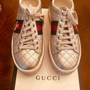 GUCCI silver platform sneakers with sequins , hardly worn - mint condition